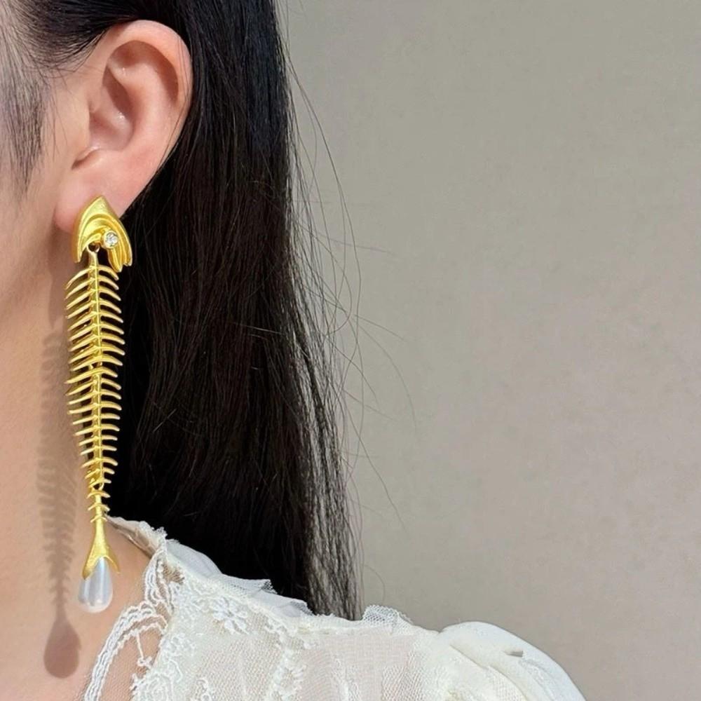 Punk Gothic Fish Bone Pearl Earrings Fishbone Shaped Drop Earrings Exaggerated Eardrop  Women