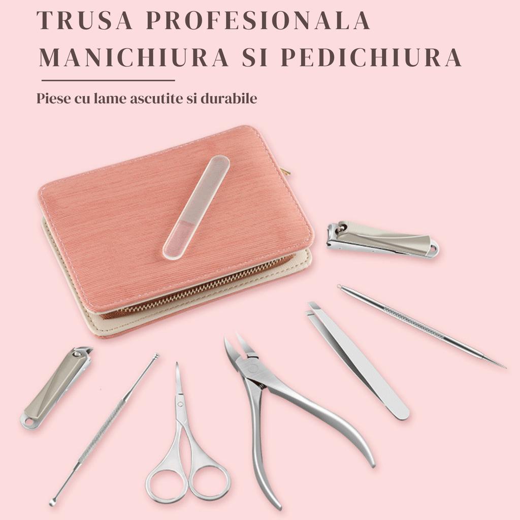 8-in-1 Professional Manicure Pedicure Set, Stainless Steel Nail Clippers, Glass Nail File, Cuticle Pusher, Scissors, Tweezers, Pink Portable Kit