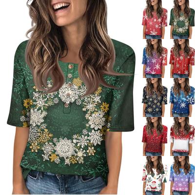 Рубашки для женщин модные с круглым вырезом на пуговицах футболки с принтом блузка с рукавом до локтя топы для женщин