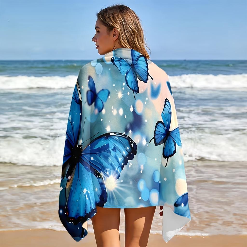 Magical Blue Butterfly 2D Flat Printed Microfiber Beach Towel Waterproof Sandproof Summer Pool Vacation Bath Blanket