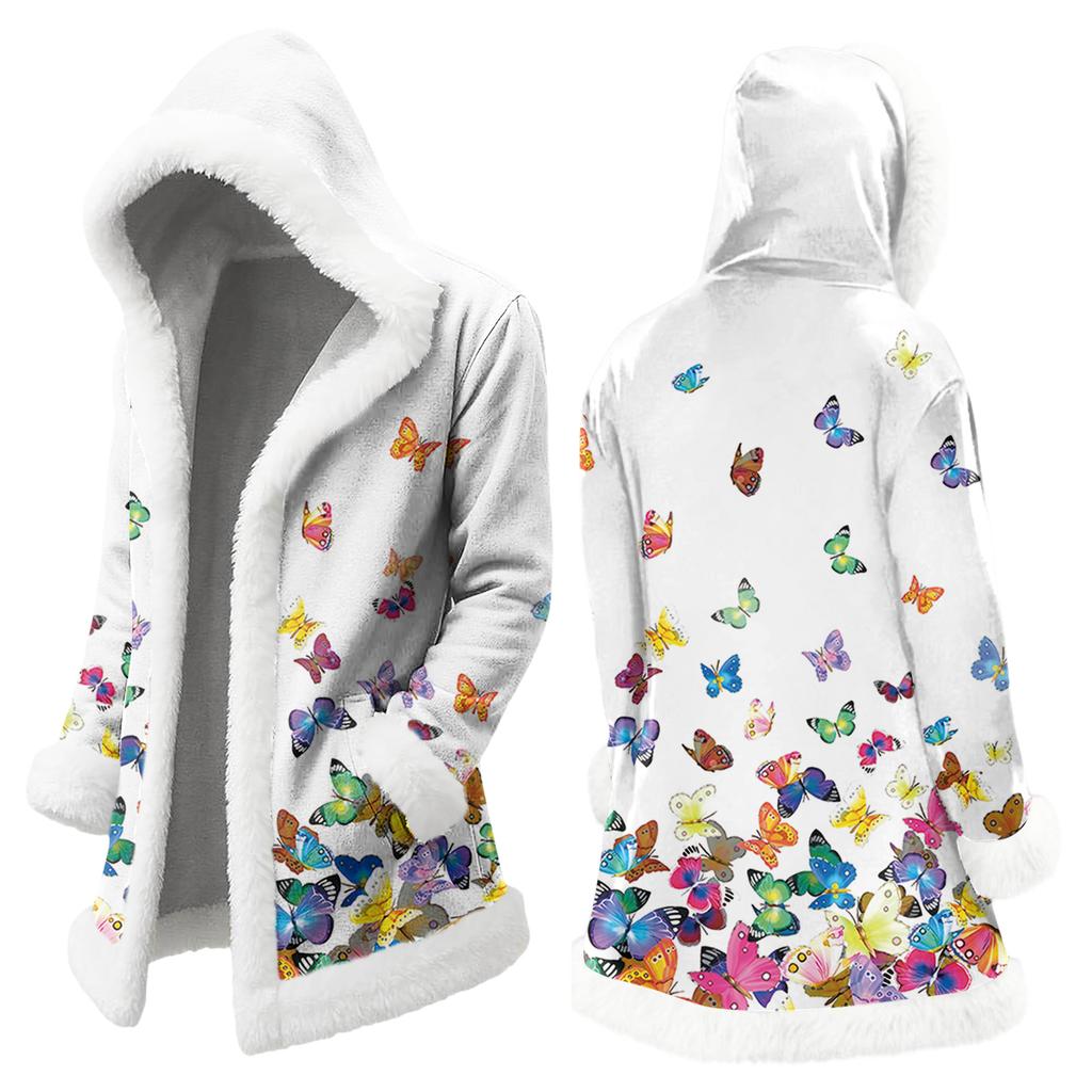 Unisex Casual And Fashionable Plush Collar Hooded Long Sleeved Floral Gradient Printing Jacket