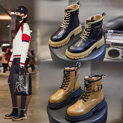 Зима 2025 Новые британские ботинки Мартина Женские Толстый каблук Платформа Повседневные Короткие ботинки Женские Средние кожаные ботинки Женские