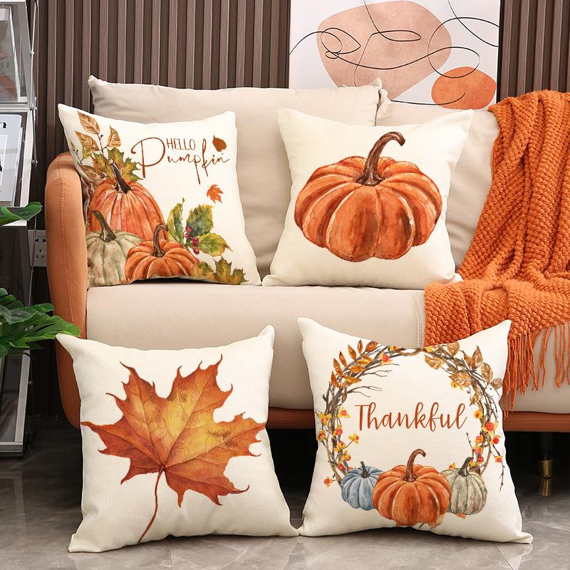 Fall Thanksgiving Throw Pillow Covers 18x18 Set of 4 Pumpkin Maple Leaf Decorative Cushion Cases for Sofa Couch Farmhouse Home Decor