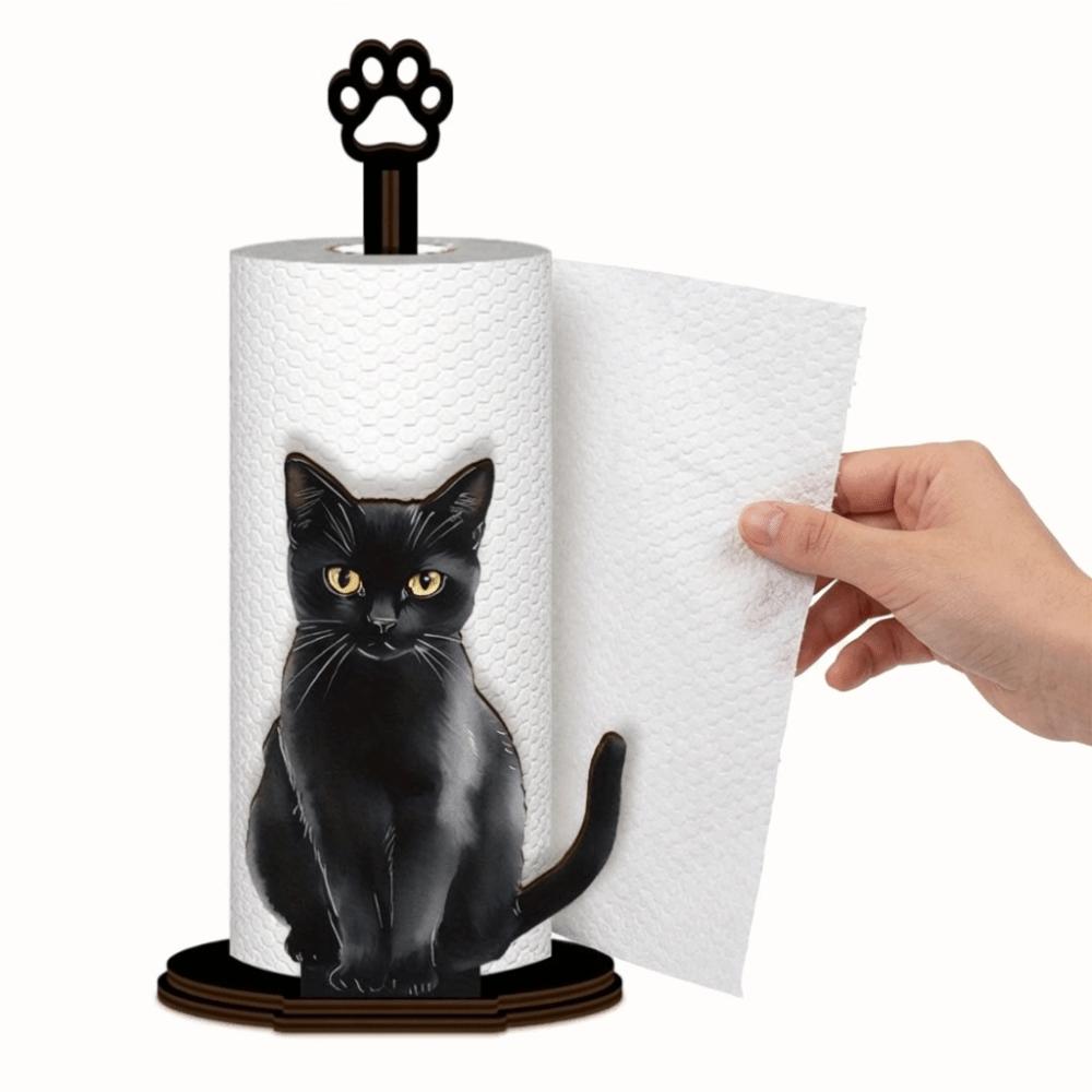 Desktop Decoration Black Cat Tissue Holder Wooden Base Roll Paper Standing Rack Bathroom