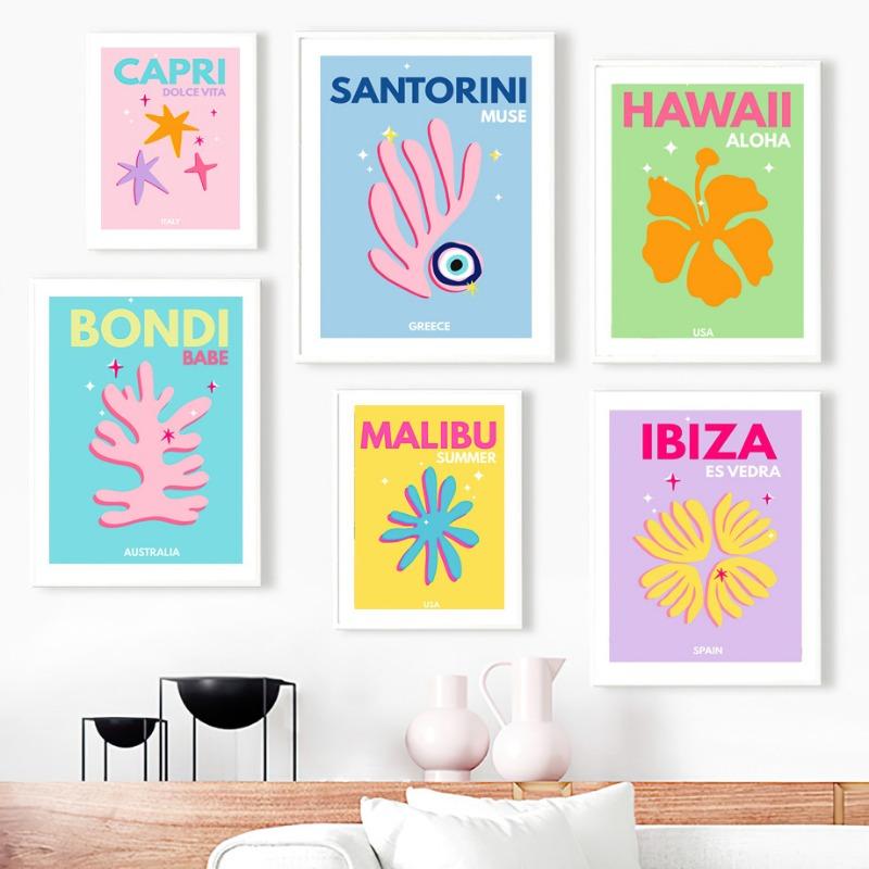 Color Travel City Abstract Posters Prints Ibiza Bondi Miami Palms Mykonos Wall Art Canvas Painting Pictures Bar Hotel Room Decor