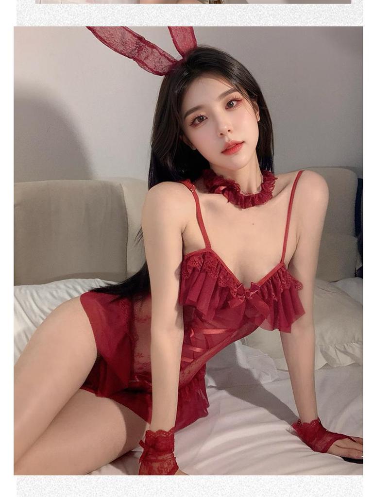 Игривая кружевная ночная сорочка «Девушка-кролик»: Соблазнительный, Утягивающий, С открытой промежностью, Прозрачный женский комплект нижнего белья