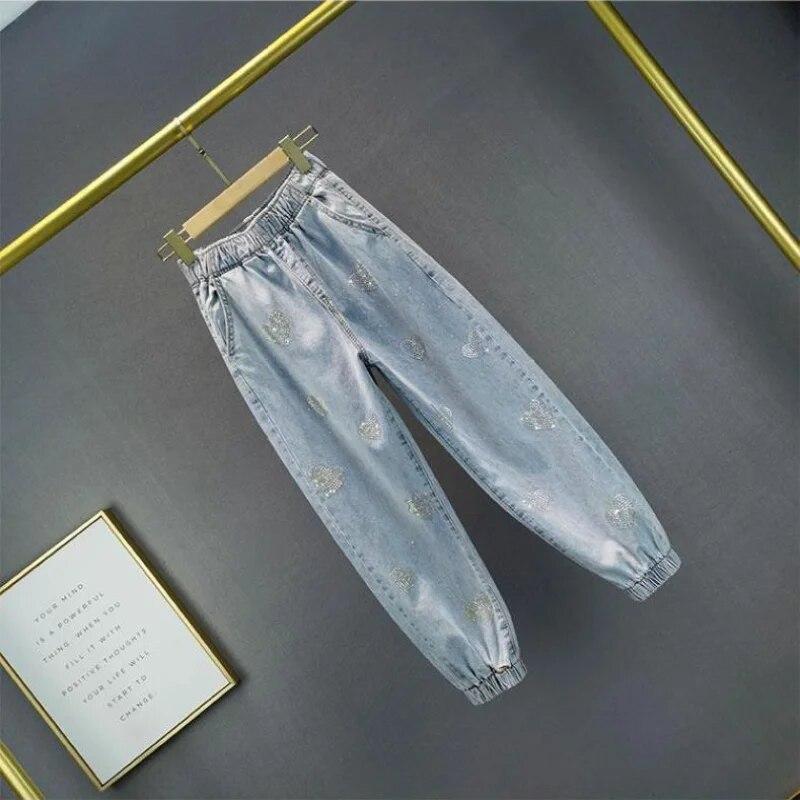 Весенне-осенний модный тренд для пожилого возраста с эластичной резинкой на талии и карманами с бриллиантами, повседневные джинсы со свободным ремешком и девятью точками