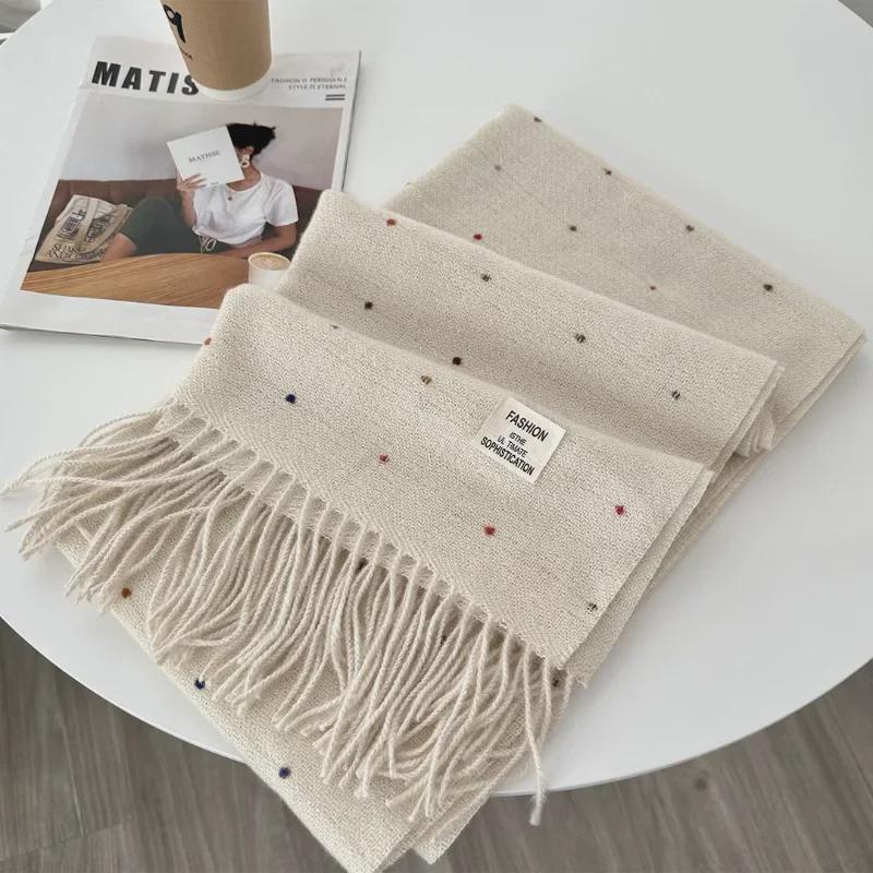 Элегантный звездно-белый шарф для женщин – осенне-зимняя шаль с кисточками и волнистым узором в горошек, корейский стиль
