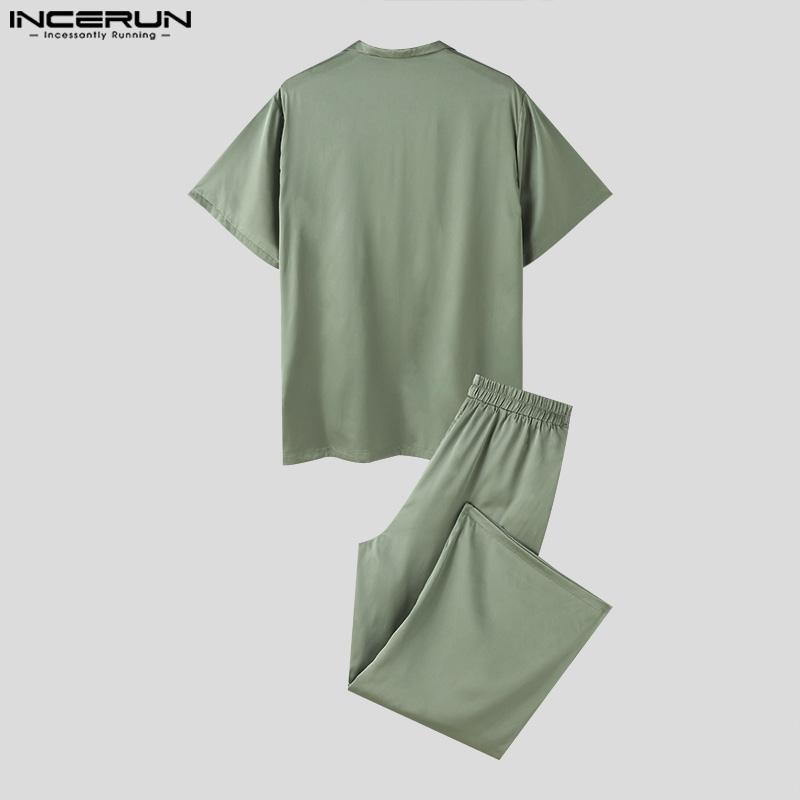 INCERUN Мужские однотонные атласные топы и брюки из двух частей с короткими рукавами