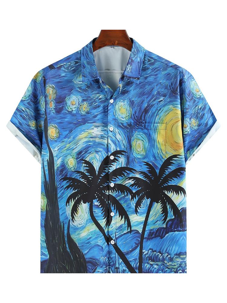 Men's Printed Polo Collar Button Casual Short-Sleeve Shirt Summer Men's Hawaiian Shirt