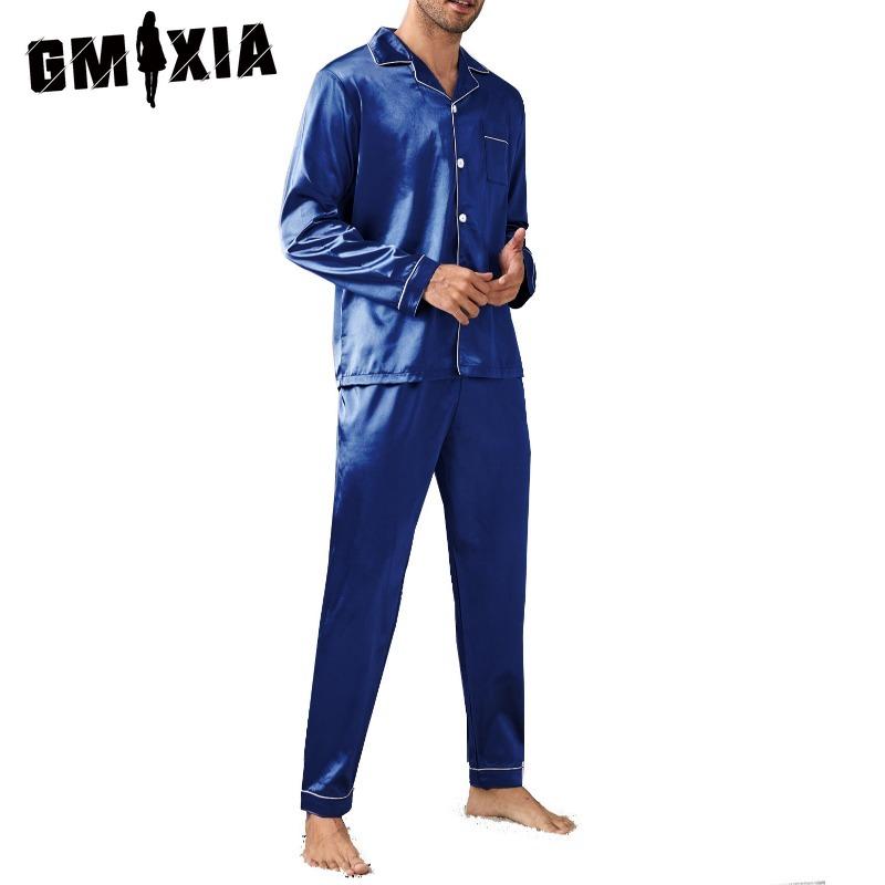GMXIA Роскошный домашний костюм мужской с длинным рукавом и длинными брюками, атласный пижамный комплект из двух предметов