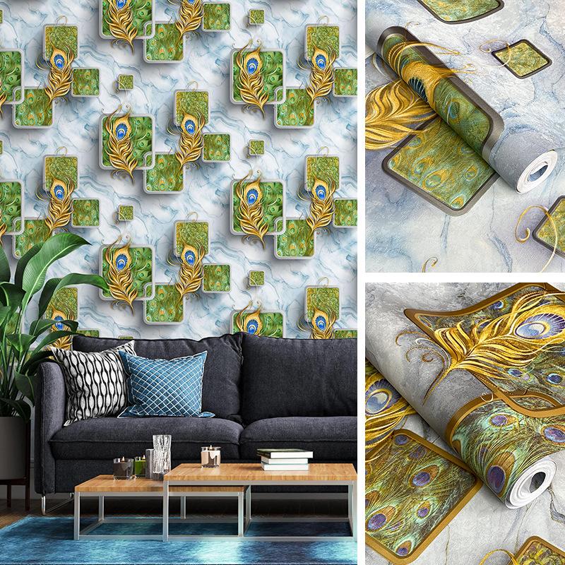 Обои с павлиньим пером 3d Тисненые Гостиная Спальня ТВ Диван Мраморная текстура Геометрические обои Ktv Отель Фреска Синий Серый