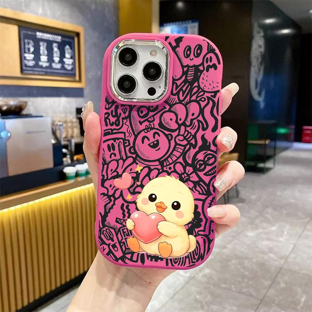 Phone Case: 2D flat design suitable for iPhone 18 17 16 15 14 13 Pro protective case, couple style, hugging a cute little yellow duck, Christmas and H