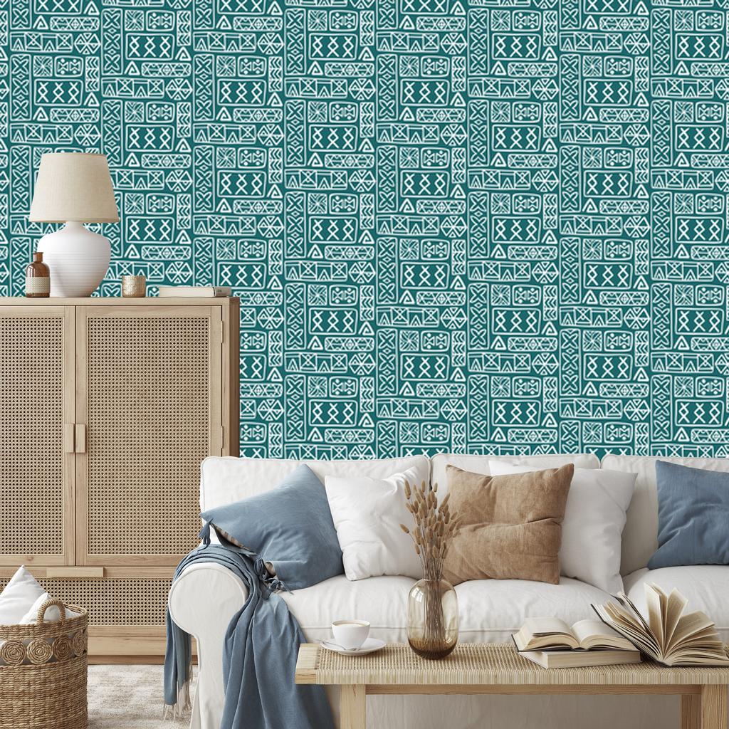 Polynesian Geometric Pattern Turquoise Wallpaper 50x1000