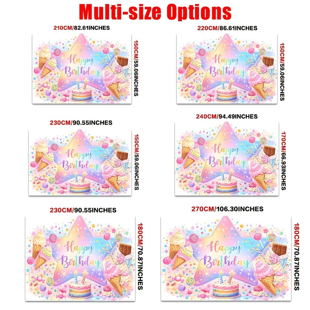 Pastel Rainbow Star Birthday Cake Ice Cream Lollipops Candy Confetti Polyester Backdrop, for Party Decor Home, Club, Garden, Farm, Room, No