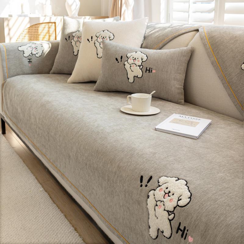 Скандинавский мультяшный диванный коврик из синели с собакой, Нескользящий диван, полотенце, чехол для подушки, четыре сезона, универсальные простые чехлы для дивана