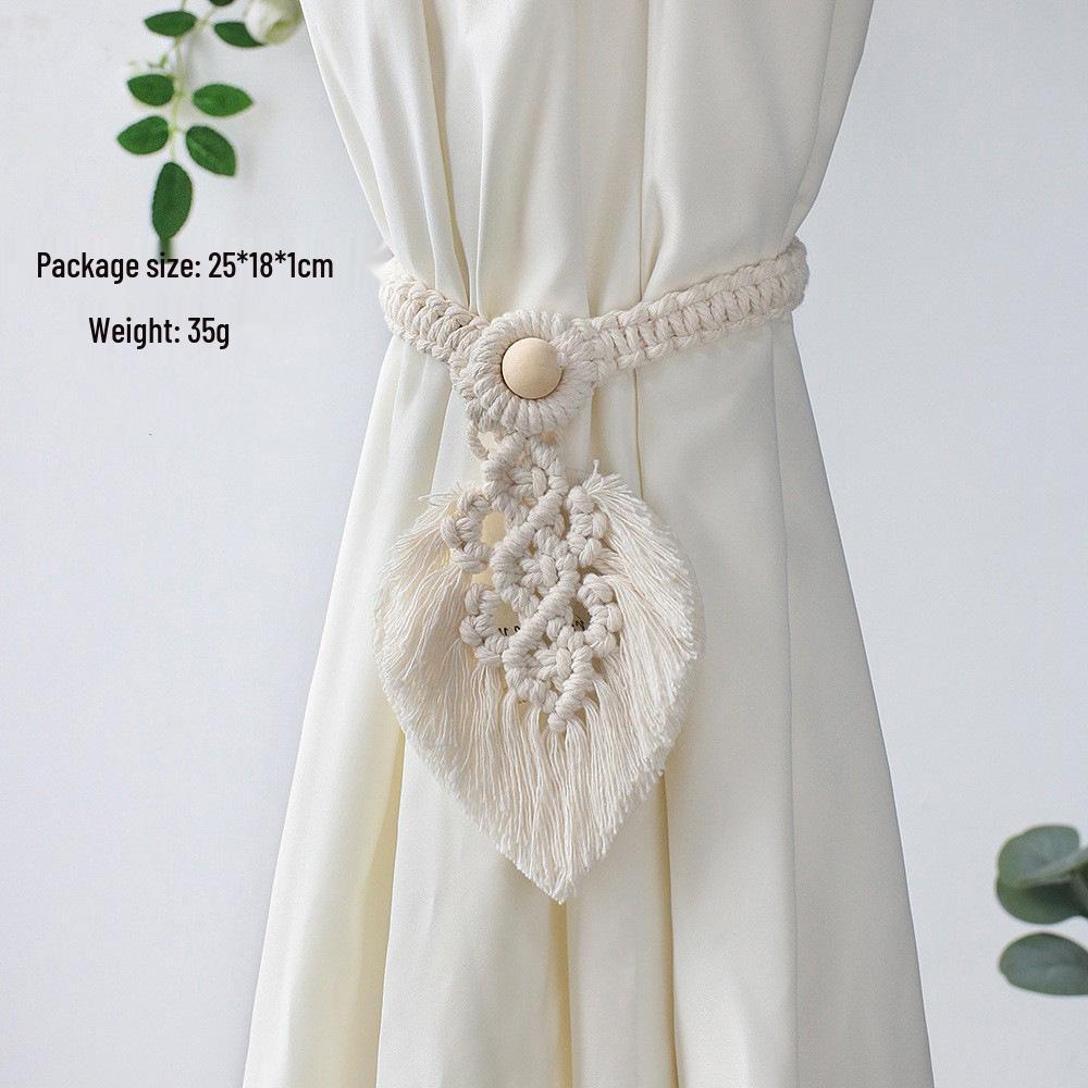 Bohemian Woven Curtain Tiebacks with Tassel, Leaf, and Wood Bead Decor