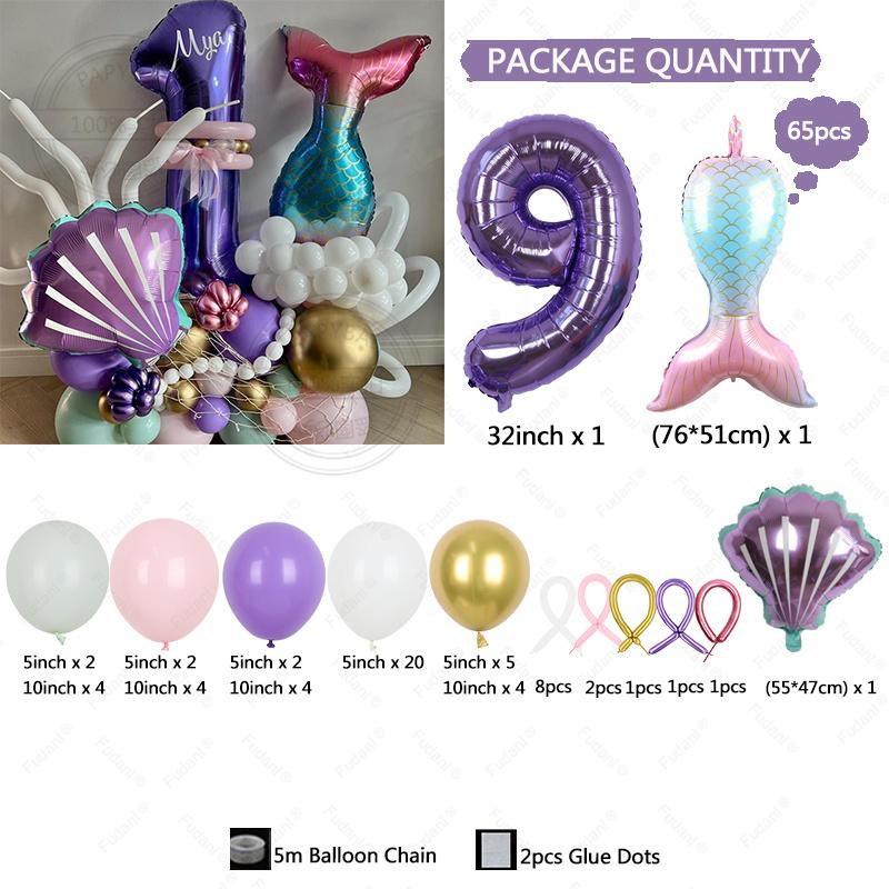 65PCS Underwater World Theme Mermaid Shell Purple Digital Aluminum Film Balloon Children's Birthday Baby Shower Decoration Ballo
