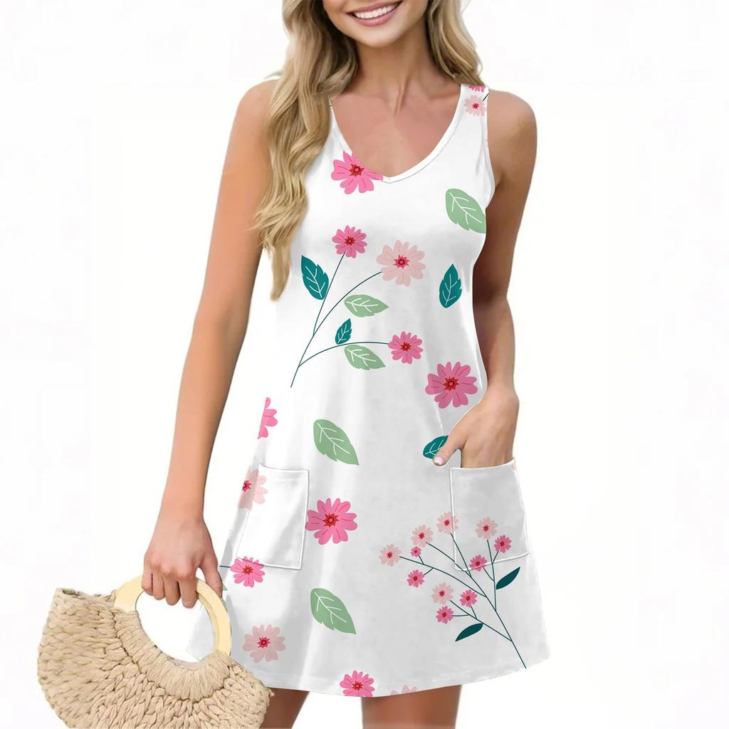 Женское повседневное летнее платье-жилет с карманами, цветочным принтом, V-образным вырезом, без рукавов