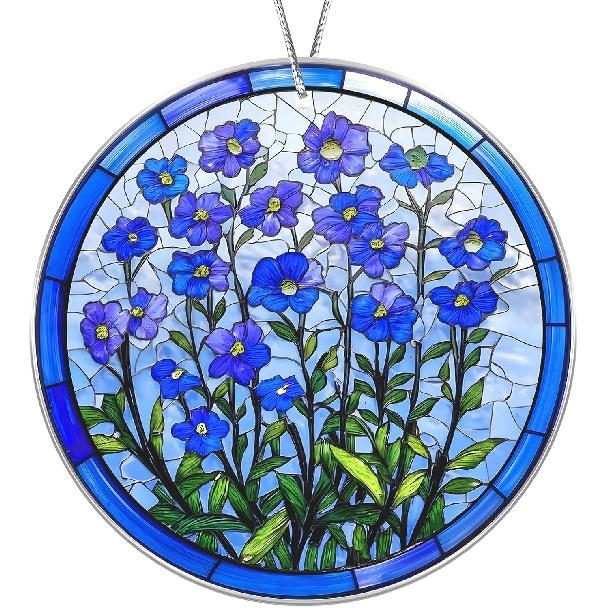 Forget Me Not Stained Glass Window Hanging, Forget Me not Gifts, Sympathy Gift for Loss of Loved One, Memorial Ornament for Window, Blue Floral Decor
