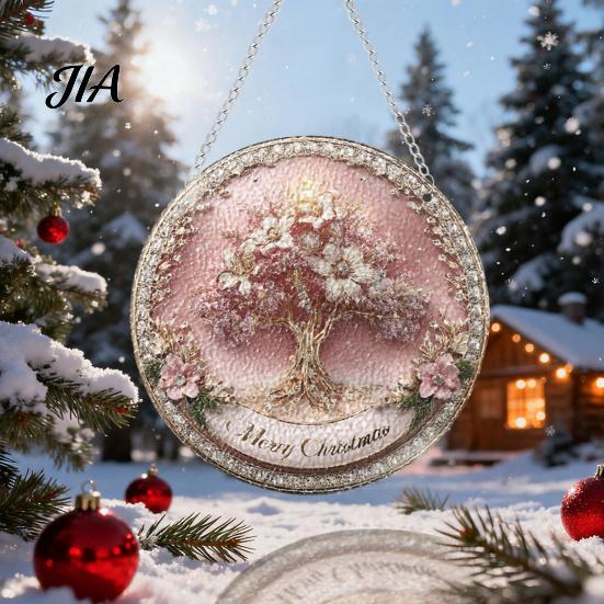 Atmosphere Enhancing Wall Decor Stained Glass Style Acrylic Window Hanging, Tree of Life & Winter Forest Double Sided Printed Ornament Round