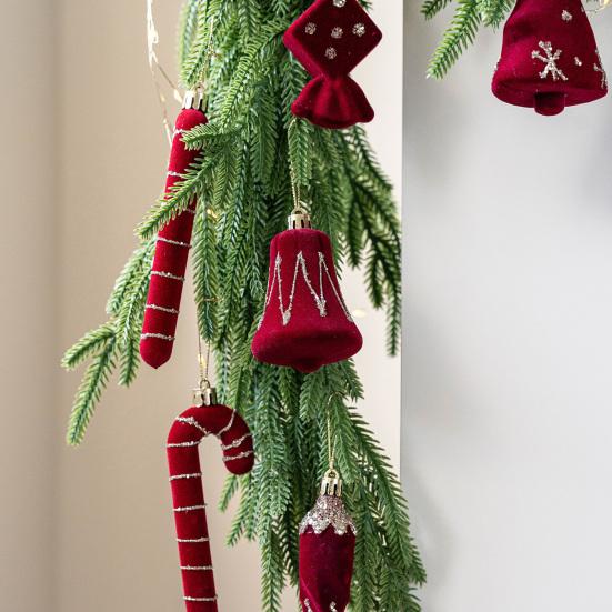 2 Pcs Velvet Christmas Ornaments Shatterproof Glitter Sequins Flocked Bell/Candy Cane/Ice Isicle Hanging Decoration for Xmas Tree Holiday Party Decor