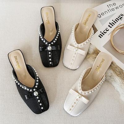 Модные женские туфли-мюли с бантом и бисером, закрытый носок, летняя обувь, женские сандалии, шлепанцы с квадратным носком, плоские шлепанцы, большие размеры 42/43