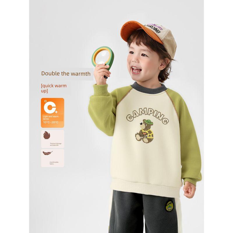 Right European Style Boys' Raglan Sleeve Cartoon Fleece-Lined Thickened Crew Neck Sweatshirt Winter Clothing Baby Toddler Thickened Warm Top Trendy