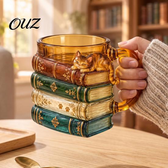 Fun Themed Drinkware for Reading Nooks 3D Stacked Vintage Book Glass Mug, Cute Cat Design Stack Shaped Creative Coffee Cup, Decorative Home And Office