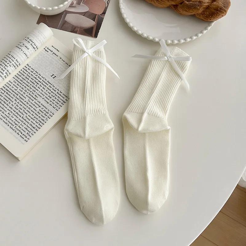 Японские носки JK Sweet Bowknot Tied Medium Tube Socks для женщин, носки с бантом на пятке, повседневные, черно-белые, ворсовые, спортивные, хлопковые носки для девочек