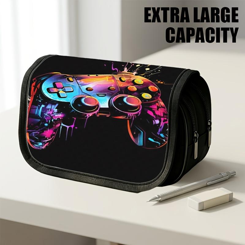 1pc Double Layer Flip Pencil Case, Vibrant Controller Art, Large Capacity, Portable Polyester Pen Storage Bag with Zipper Closure, Ideal for School &