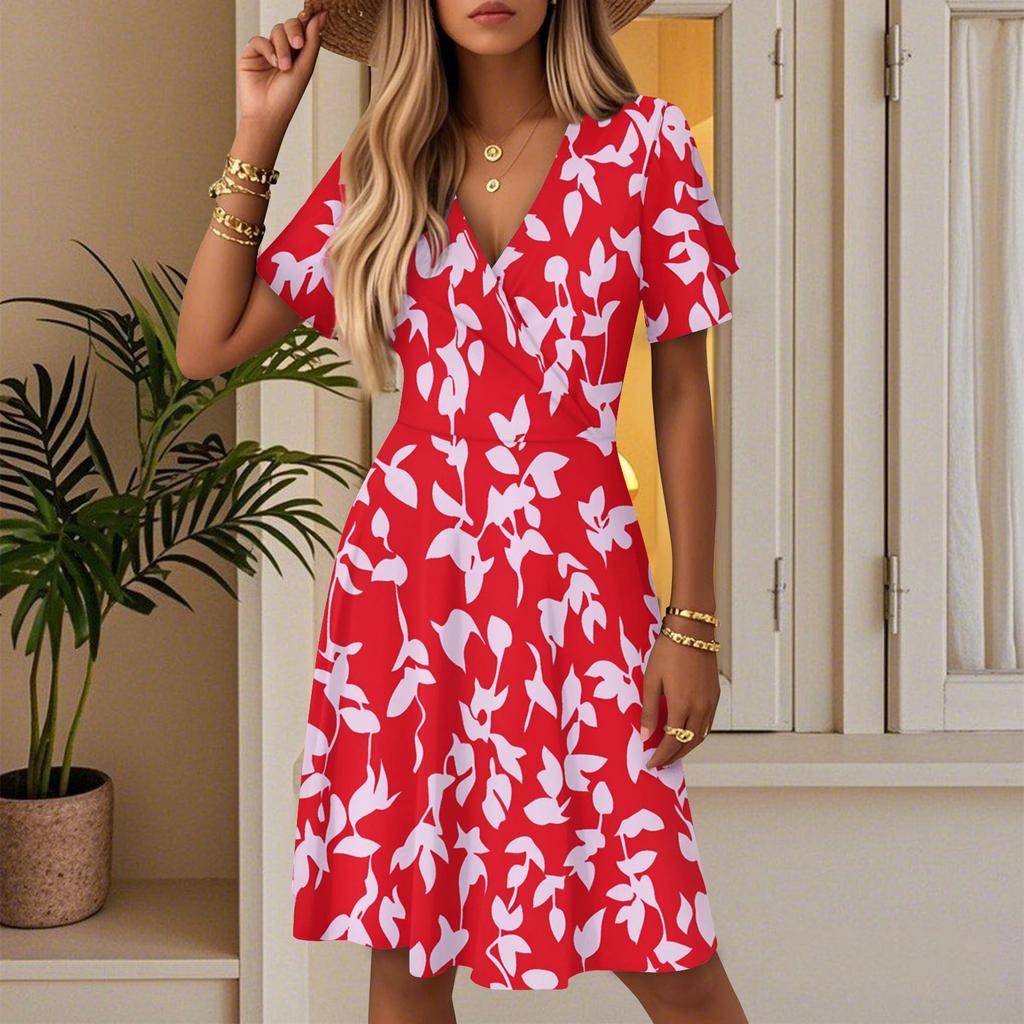 Women's Summer Fashion Leaf Print Dress Casual Beach A-line V-neck Loose Sundress