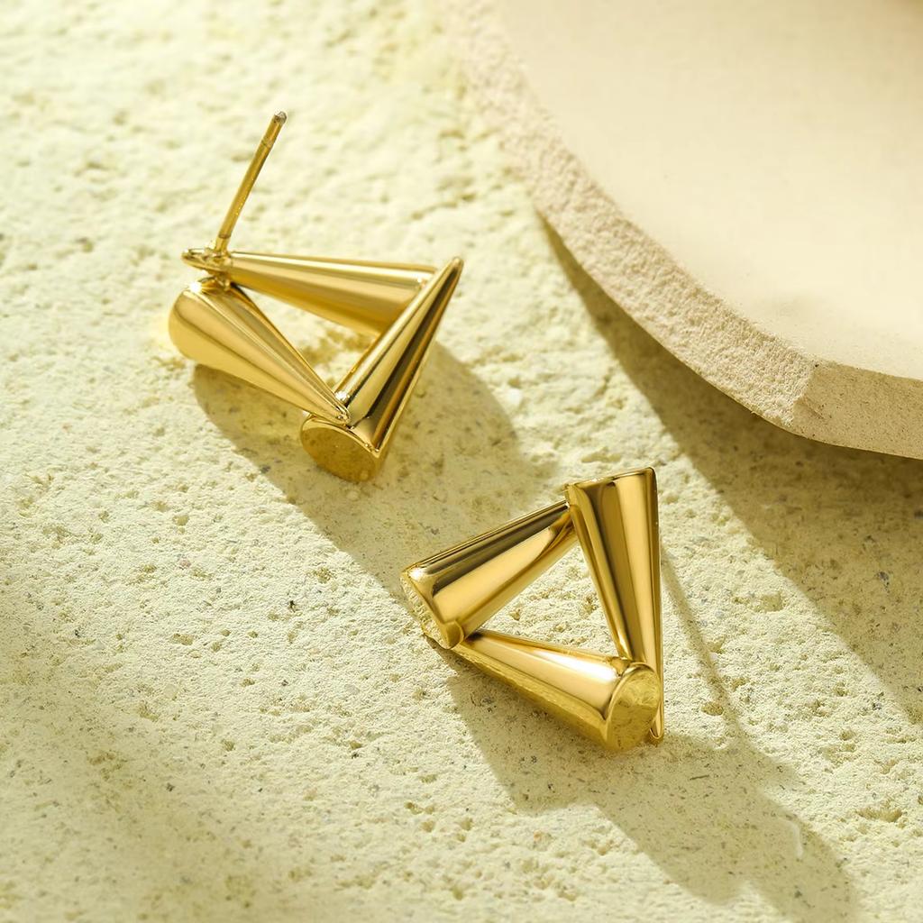 Gold Plated Titanium Steel Combined Triangular and Conical Earrings Minimalist Geometric Unique Style Fashion Jewelry for Women