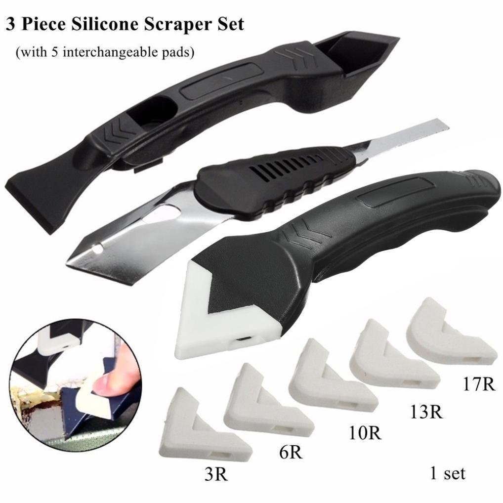3 in 1 Silicone Removal Scraper Tool Kit with 4 Replaceable Pads Sealant Finishing Caulking Tool for Bathroom Kitchen