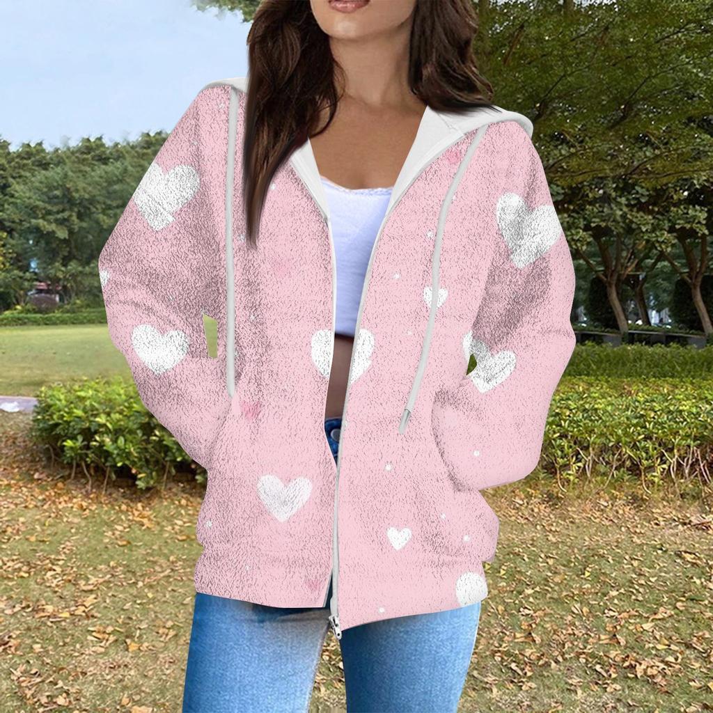 Women's Fashion Casual Long Sleeve Valentine's Day Print With Pocket Zipper Cardigan Jacket