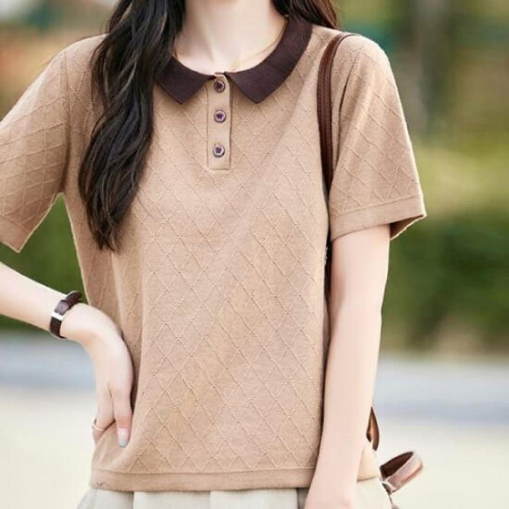 Navava Women Diamond Point Collar Short Sleeve Knit Nk3026