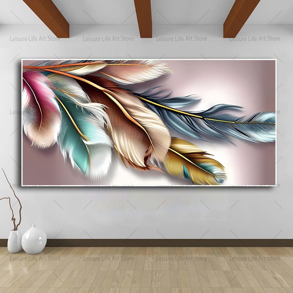 Абстрактные красочные перья, холст, живопись, настенное искусство, современное золотое перо, художественные работы, постеры и принты для декора стен гостиной