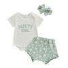 Baby Girls 3Pcs Summer Outfit Short Sleeve Romper + Floral Shorts + Hairband Set Newborn Clothes