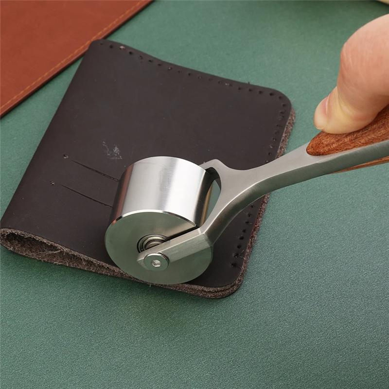 AS60-Pear Wood Handle Leather Roller Glue Edges Laminating Wheel Craft Handmade Smoother Creaser Tool Steel Iron Roll