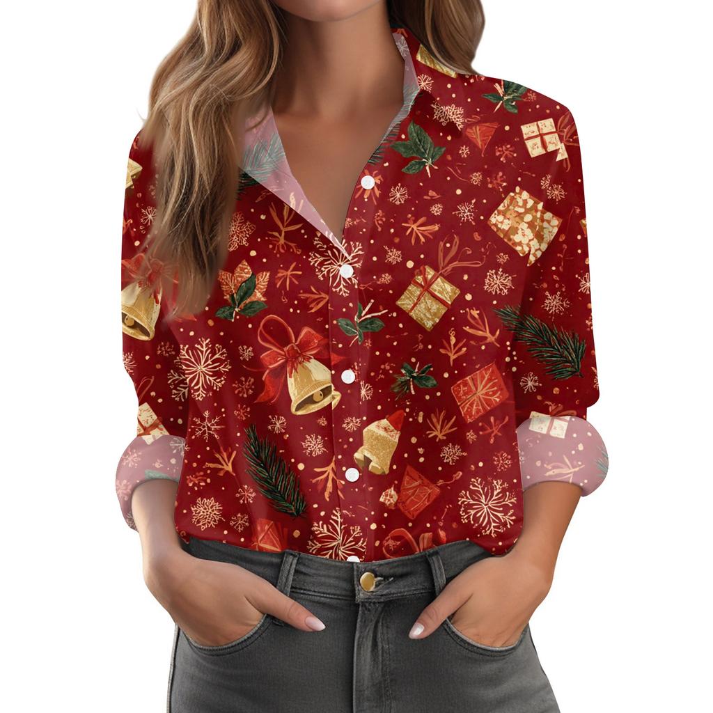 Women's Christmas Print Casual Half-Open Collar Long Sleeve Shirt