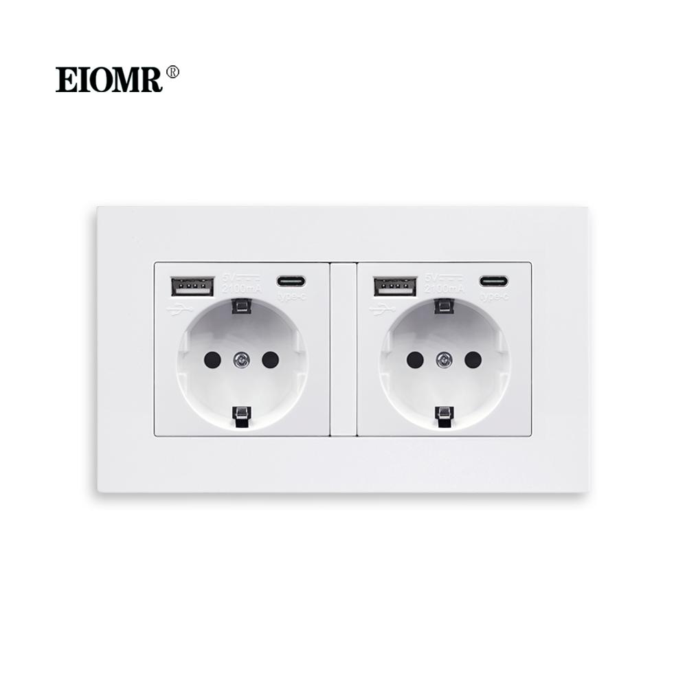 EIOMR EU Настенная розетка с портом Type C 5V 2.1A 146мм, 86мм Огнестойкая панель из ПК 16A 220V Стандарт ЕС USB-розетка