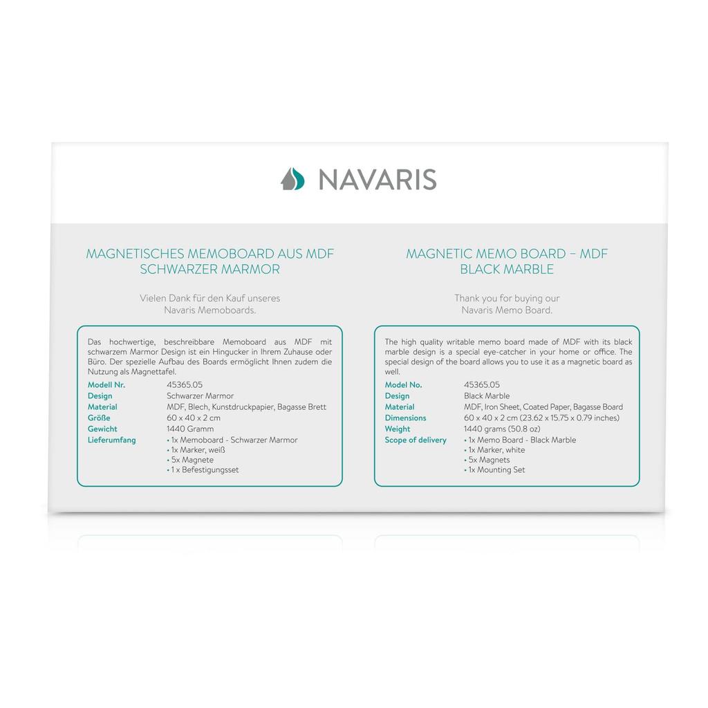 Магнитная доска Navaris, белая доска из МДФ, настенная меловая доска - доска для заметок, настольная панель, доска для объявлений с маркером, 60x40 см, дизайн черного мрамора