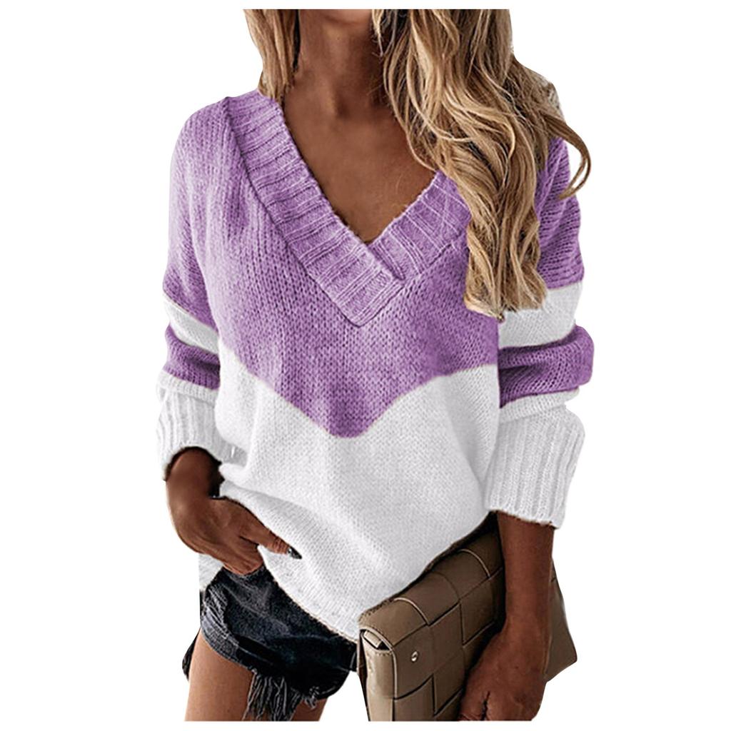 Женский модный пуловер с v-образным вырезом, свободный повседневный свитер, полосатый вязаный свитер