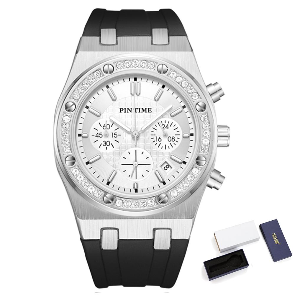 Casuals Watch for Men Diamond Iced Bezel Fashion Quartz Wristwatch Sports Silicone Band Waterproof 30m Chronograph Reloj Hombre