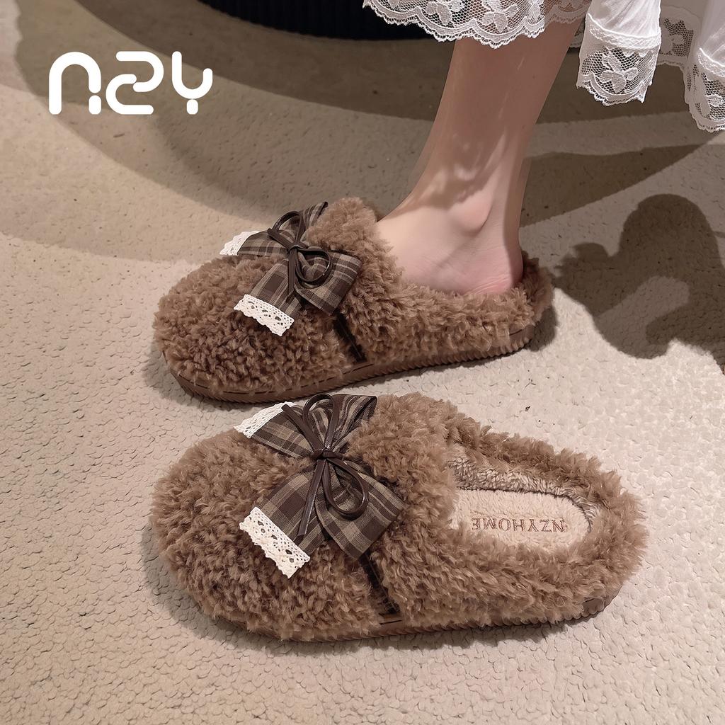 Maillard bow cotton slippers women's winter home indoor non-slip velvet warm sweet fluffy mop