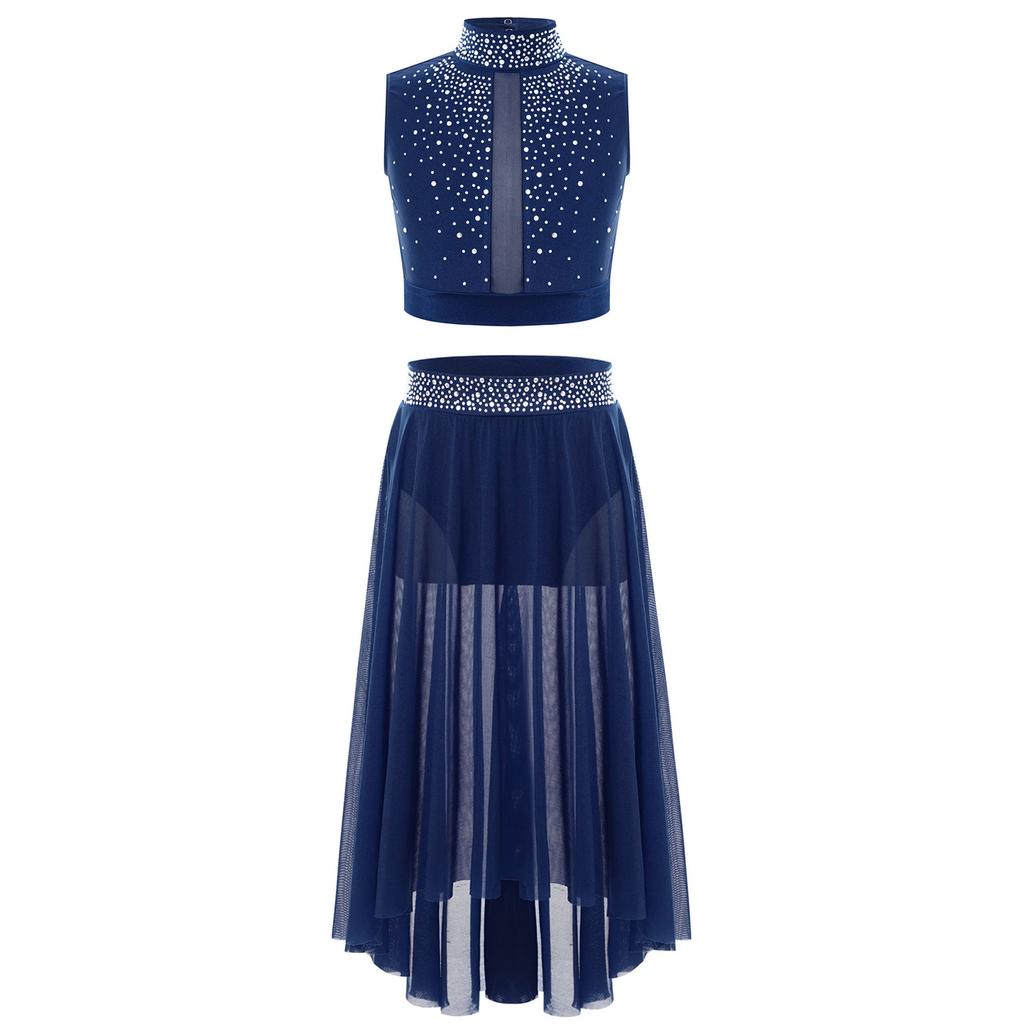 Girls Dance Outfit Sparkly Crop Top Keyhole Back Plus Irregular Hem Mesh Skirt Side Slit Performance Set