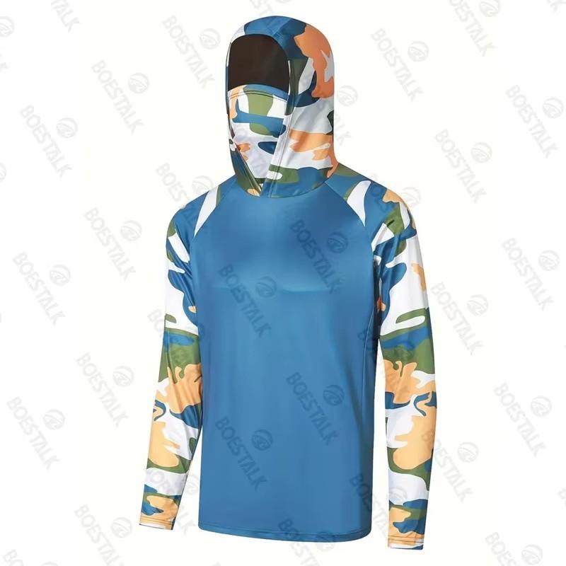 Mens UPF 50 Long Sleeve Quick-Dry Sun Protection Fishing Shirt With Hood Polyester Performance Tee Outdoor Sports Cycling