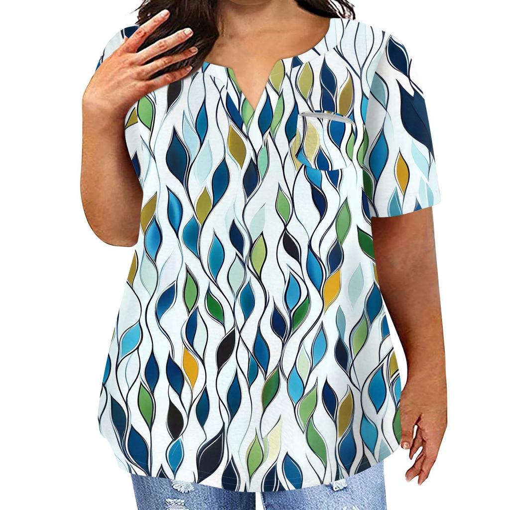 Женская футболка большого размера, повседневный топ с карманами и V-образным вырезом с короткими рукавами