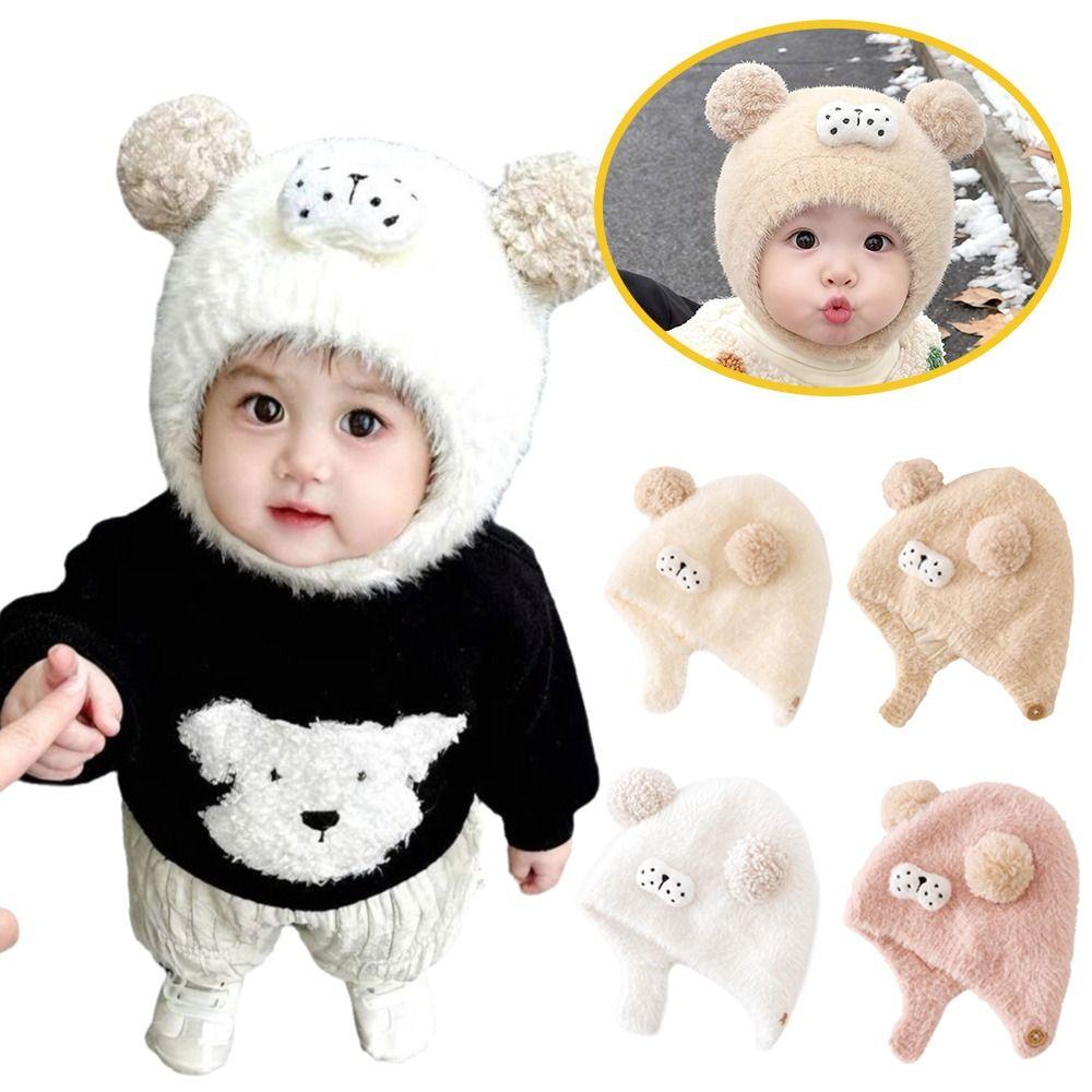 Double Pom Pom Kids Knit Hat Ear Protection Pom Pom Hat Cartoon Baby Winter Hat for Babies