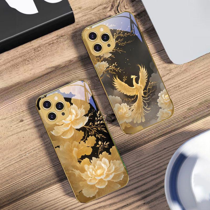 Золотые цветы и фениксы для iPhone 16 Pro Max 15 P Ro 14 M Ax 13 Plus 12 Mini 11 XS Max XR Золотой чехол для телефона из закаленного стекла